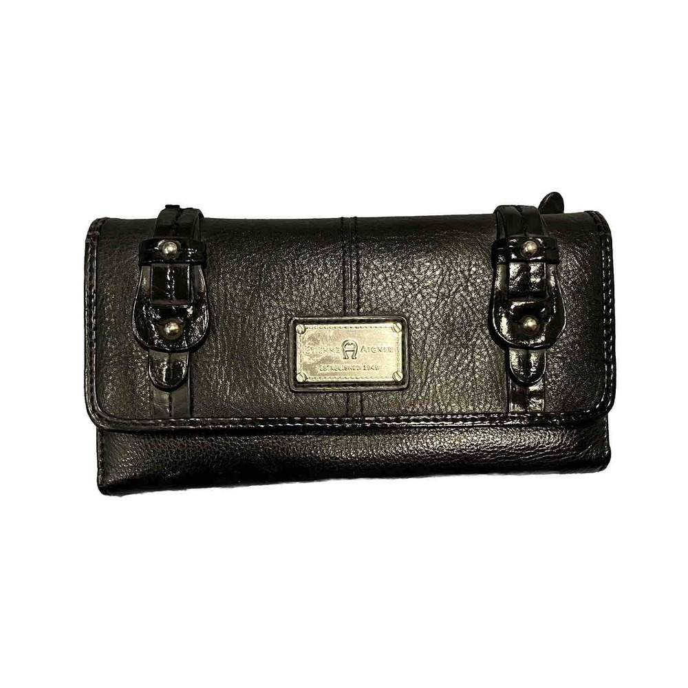 Etienne Aigner Vintage Black Leather Trifold Organiser Wallet Checkbook Clutch